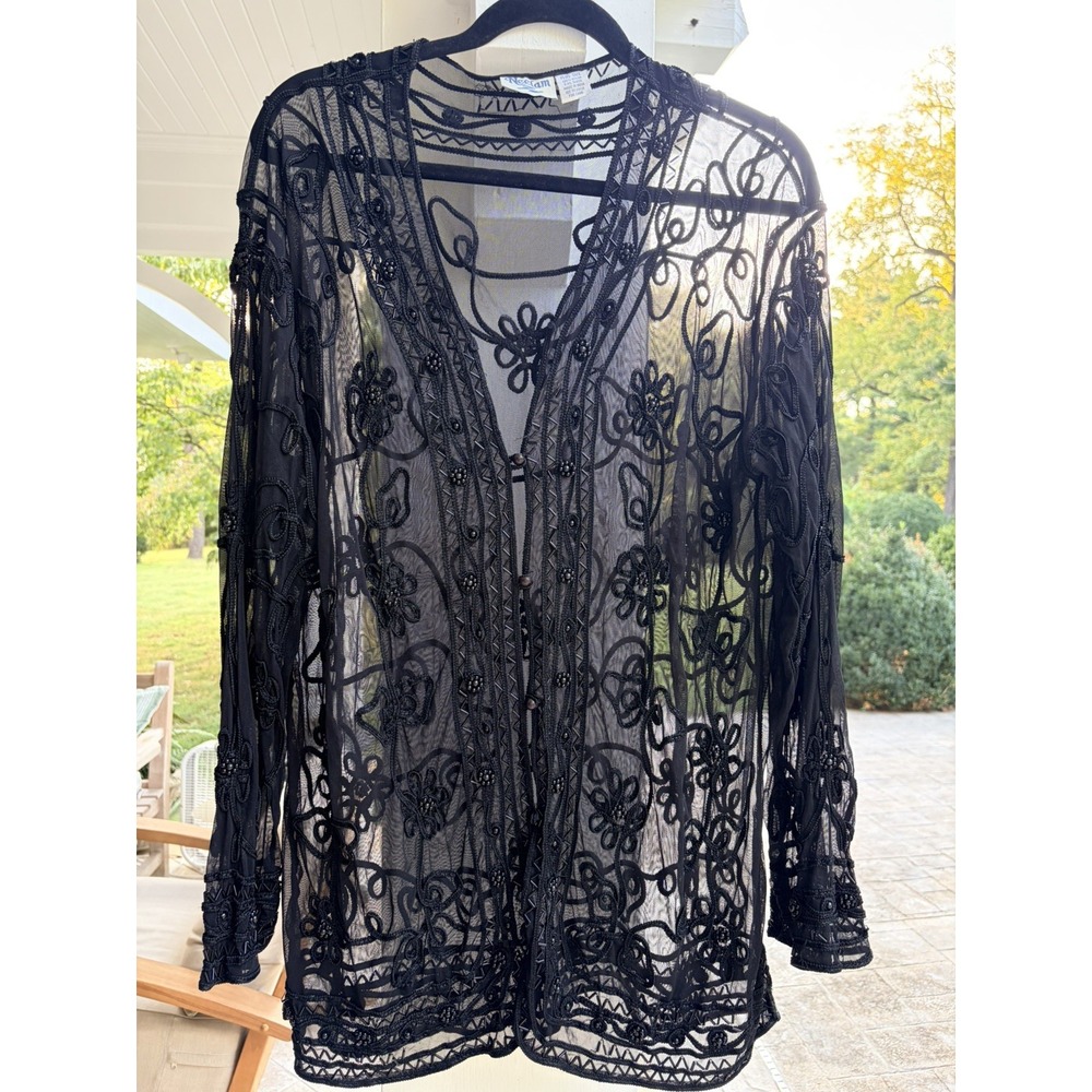 Women's Black Sheer Cardigan/Duster Embroidered with Beadwork  Plus Size